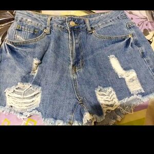 Women's Distressed Raw Hem Denim Shorts - Blue Denim